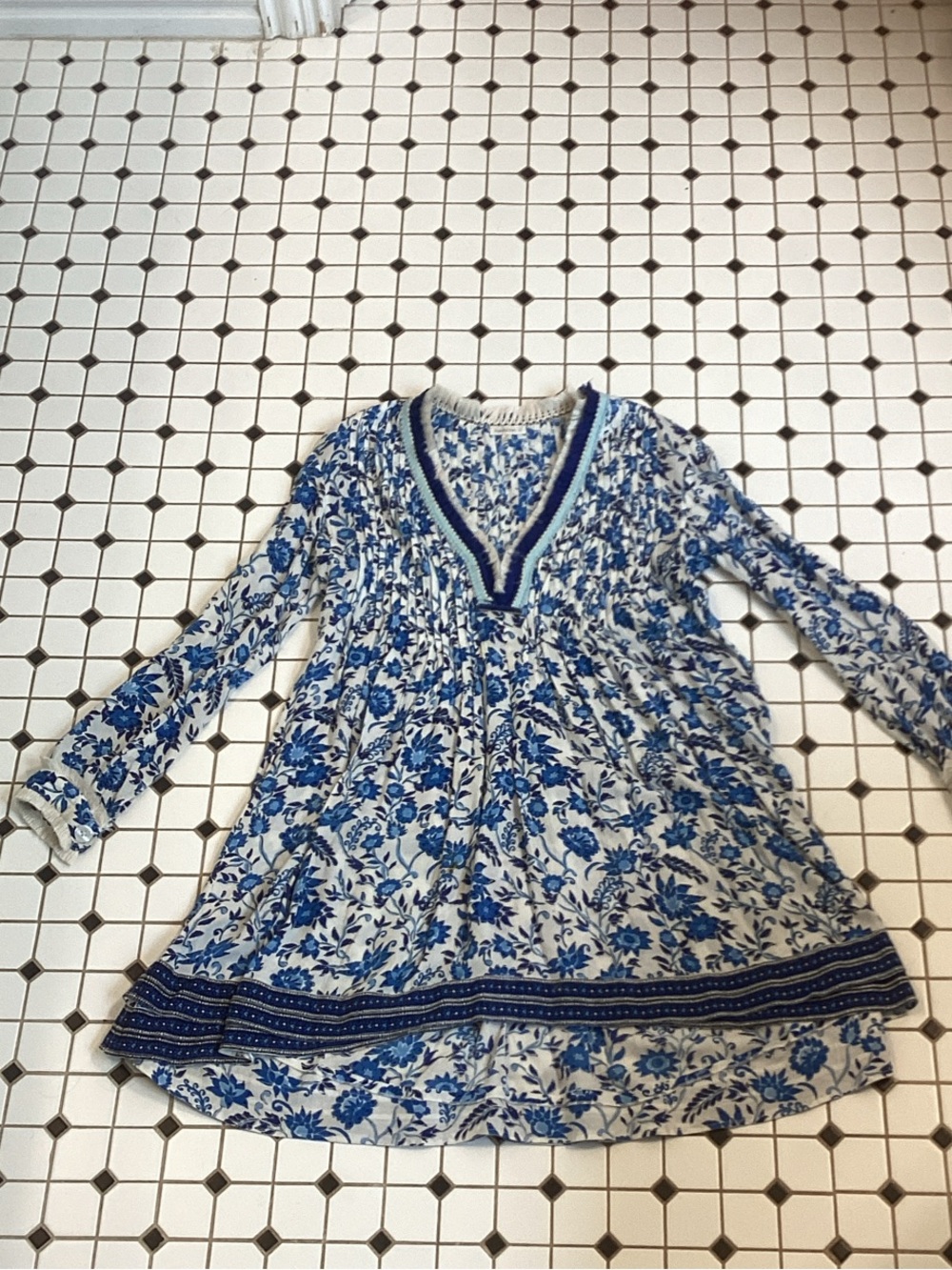 Poupette St. Barth Blue and White Floral V-Neck Kids Dress